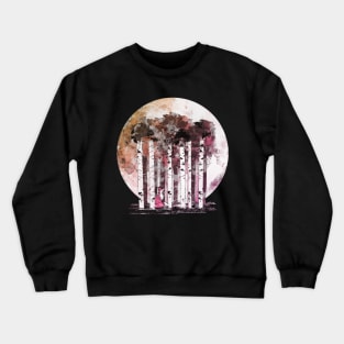 Purple shades Big full moon lights up a dream forest and a beautiful fox, birchs watercolor Crewneck Sweatshirt